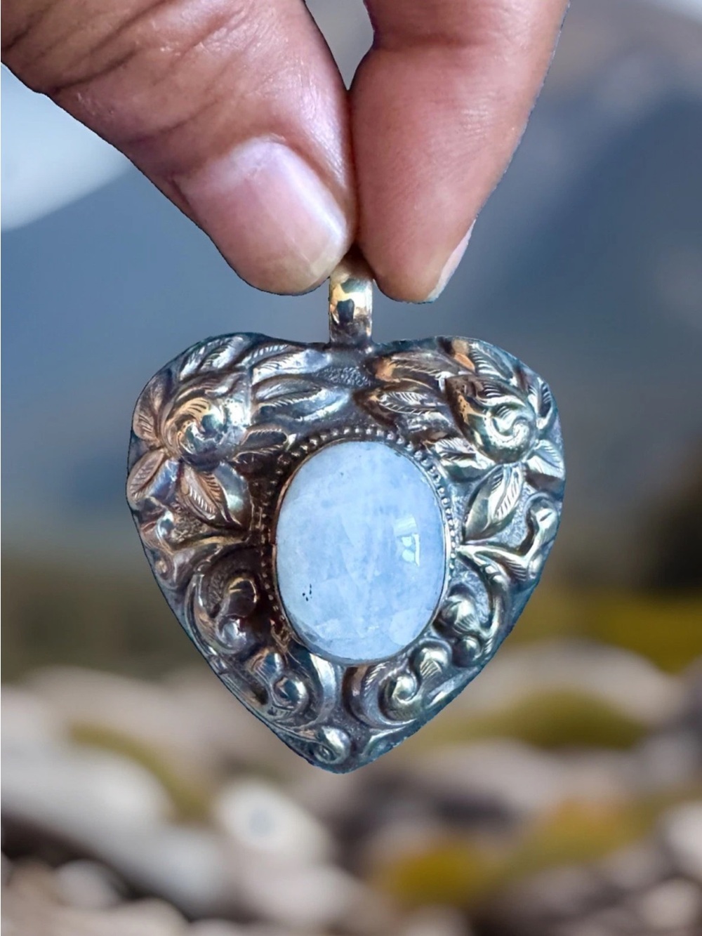 Vintage & Handcrafted Heart Shape Moon Stone Pendant Set In Silver 2.5”in,27gram
